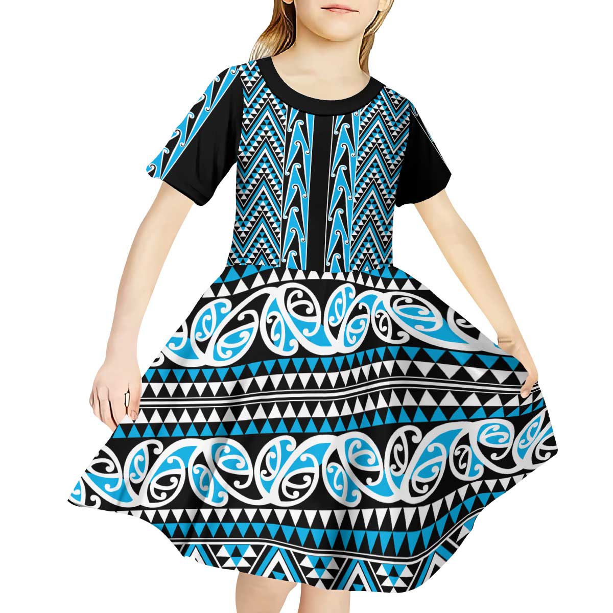 New Zealand Maori Niho Taniwha Kid Short Sleeve Dress Kikorangi Mangopare and Puhoro Pattern