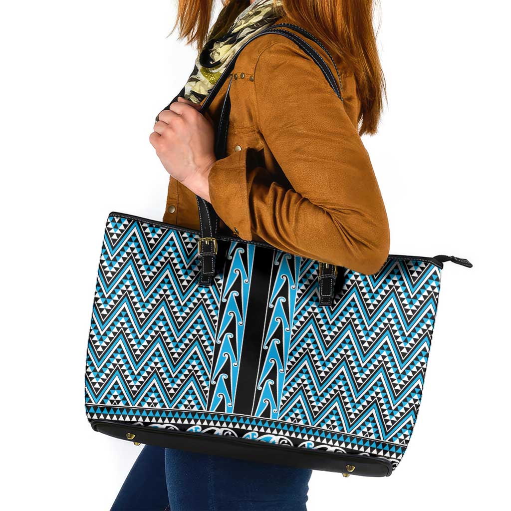 New Zealand Maori Niho Taniwha Leather Tote Bag Kikorangi Mangopare and Puhoro Pattern LT9 Blue - Polynesian Pride