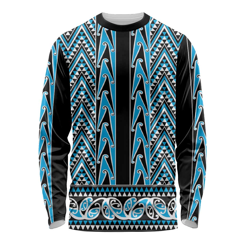 New Zealand Maori Niho Taniwha Long Sleeve Shirt Kikorangi Mangopare and Puhoro Pattern LT9 Unisex Blue - Polynesian Pride