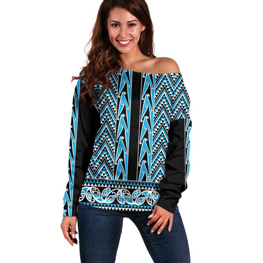 New Zealand Maori Niho Taniwha Off Shoulder Sweater Kikorangi Mangopare and Puhoro Pattern