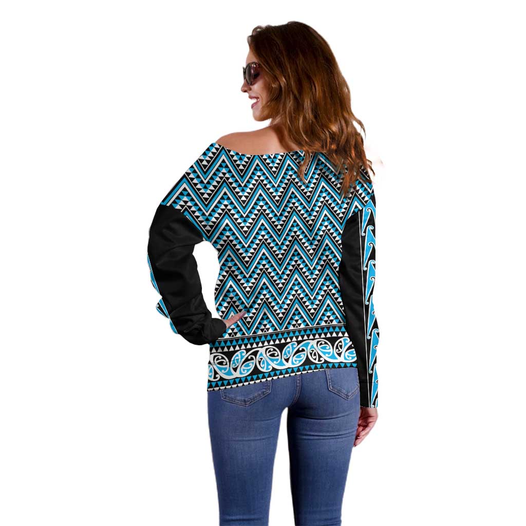 New Zealand Maori Niho Taniwha Off Shoulder Sweater Kikorangi Mangopare and Puhoro Pattern