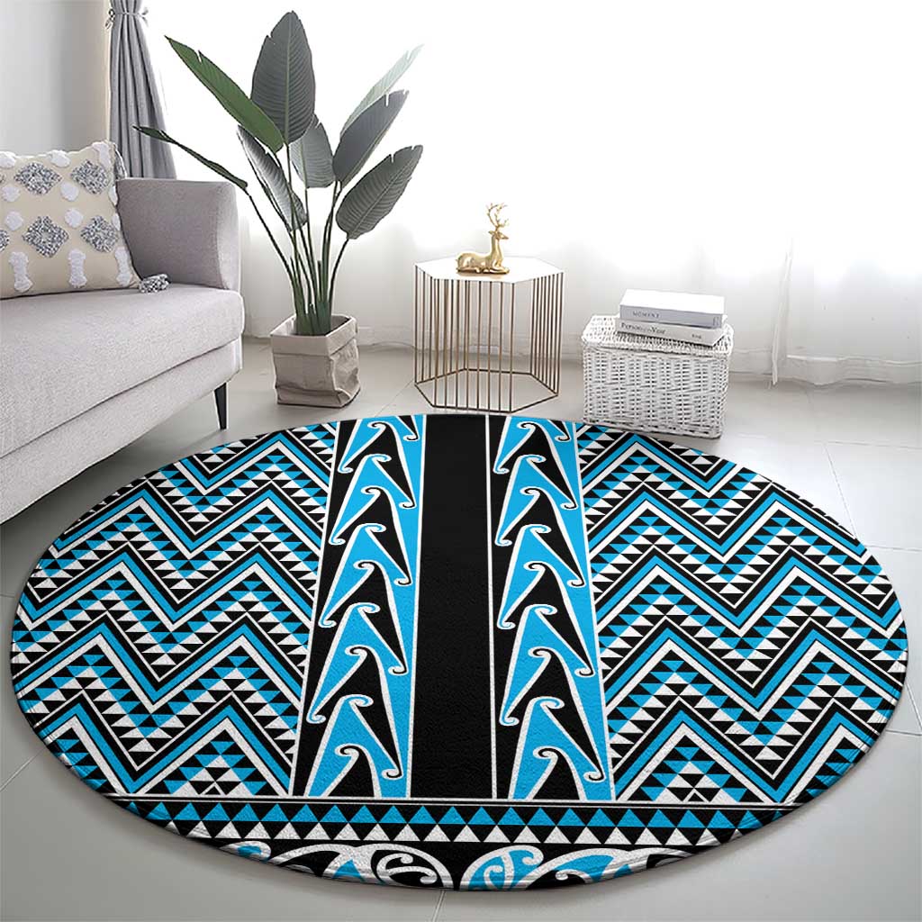 New Zealand Maori Niho Taniwha Round Carpet Kikorangi Mangopare and Puhoro Pattern