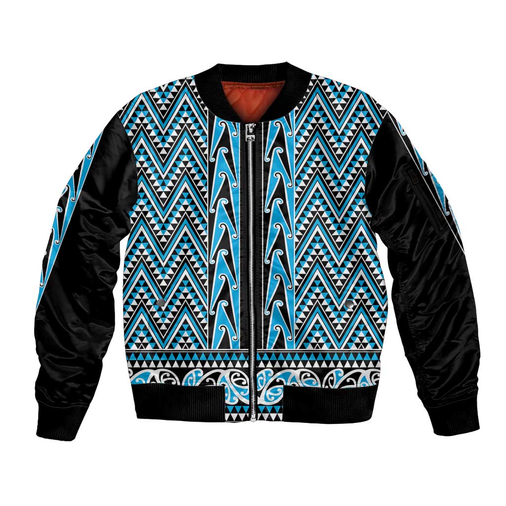 New Zealand Maori Niho Taniwha Sleeve Zip Bomber Jacket Kikorangi Mangopare and Puhoro Pattern LT9 Unisex Blue - Polynesian Pride