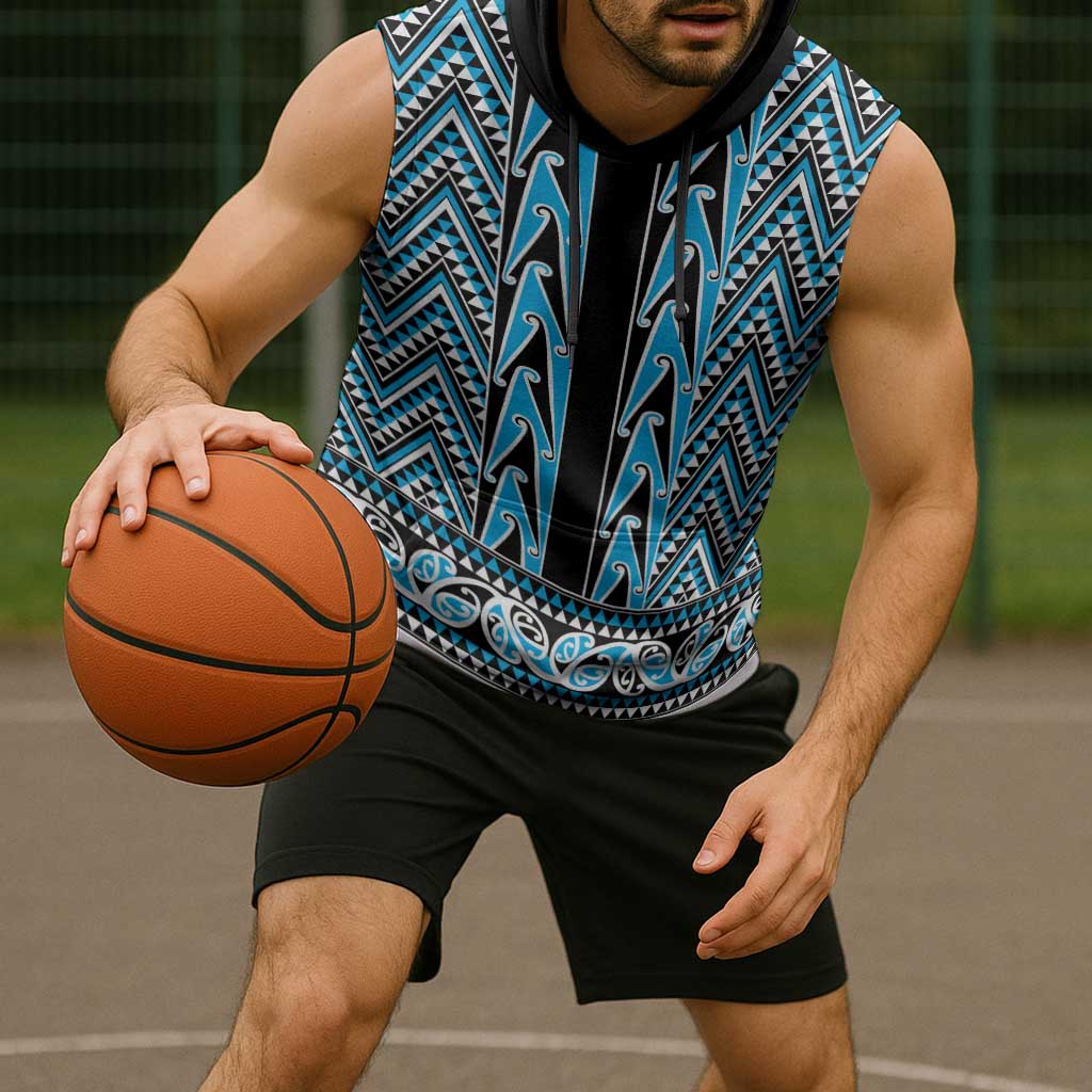 New Zealand Maori Niho Taniwha Sleeveless Hoodie Kikorangi Mangopare and Puhoro Pattern - Polynesian Pride
