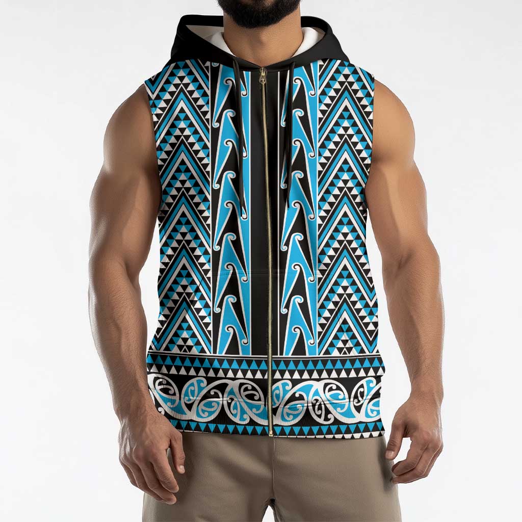 New Zealand Maori Niho Taniwha Sleeveless Zip Hoodie Kikorangi Mangopare and Puhoro Pattern - Polynesian Pride