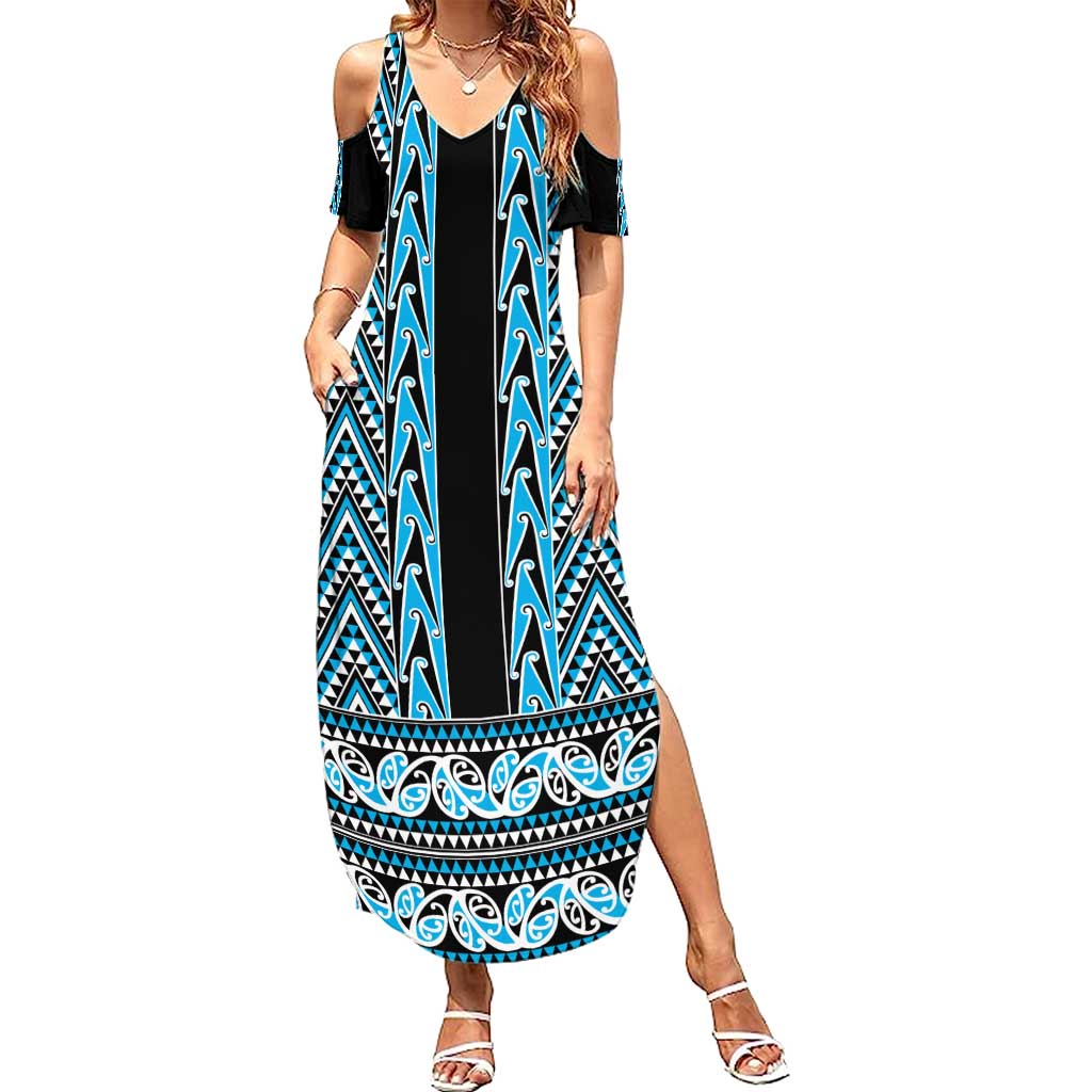New Zealand Maori Niho Taniwha Summer Maxi Dress Kikorangi Mangopare and Puhoro Pattern