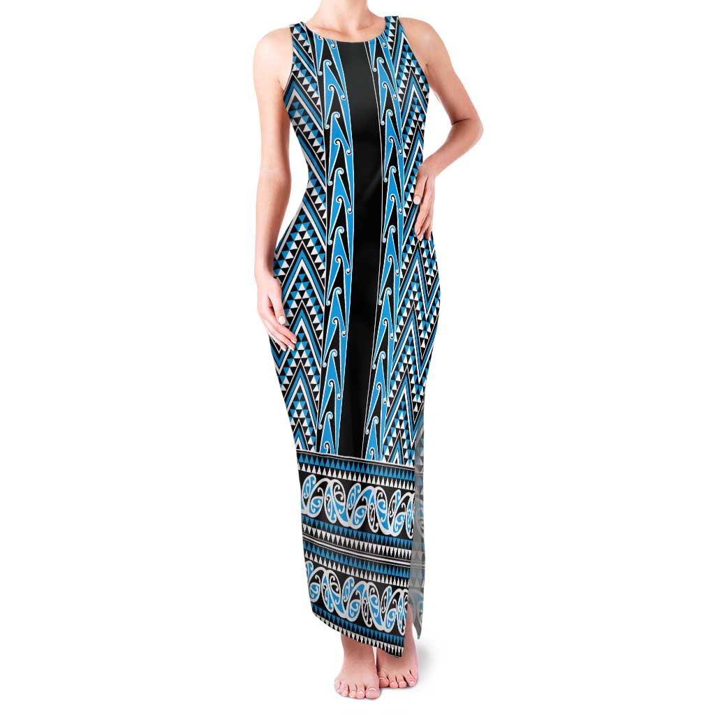 New Zealand Maori Niho Taniwha Tank Maxi Dress Kikorangi Mangopare and Puhoro Pattern