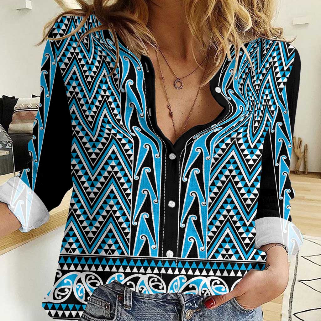 New Zealand Maori Niho Taniwha Women Casual Shirt Kikorangi Mangopare and Puhoro Pattern