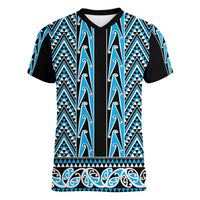 New Zealand Maori Niho Taniwha Women V-Neck T-Shirt Kikorangi Mangopare and Puhoro Pattern LT9 Female Blue - Polynesian Pride