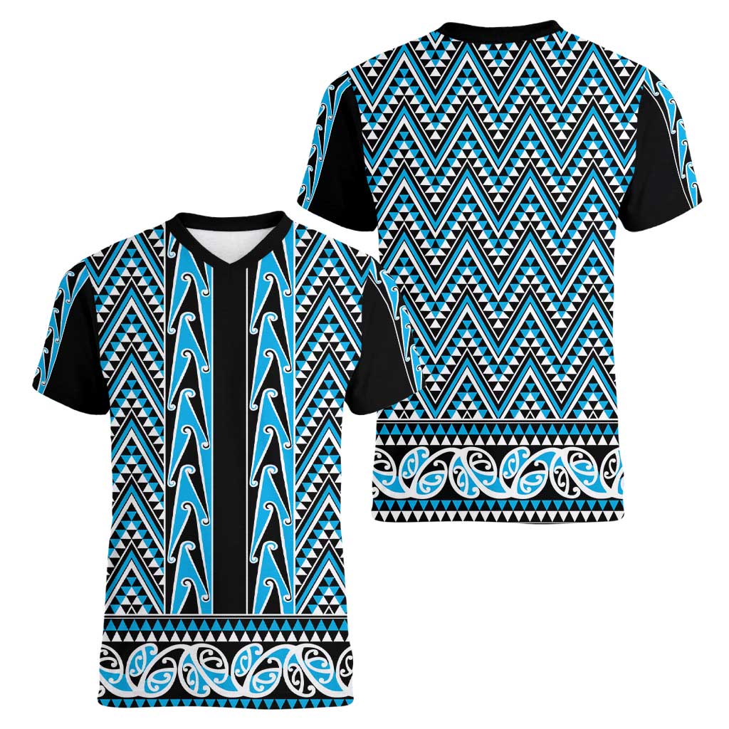 New Zealand Maori Niho Taniwha Women V-Neck T-Shirt Kikorangi Mangopare and Puhoro Pattern LT9 - Polynesian Pride