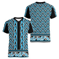 New Zealand Maori Niho Taniwha Women V-Neck T-Shirt Kikorangi Mangopare and Puhoro Pattern LT9 - Polynesian Pride