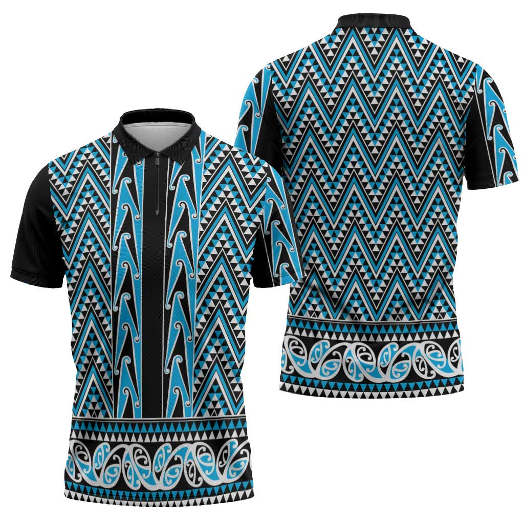 New Zealand Maori Niho Taniwha Zipper Polo Shirt Kikorangi Mangopare and Puhoro Pattern - Polynesian Pride