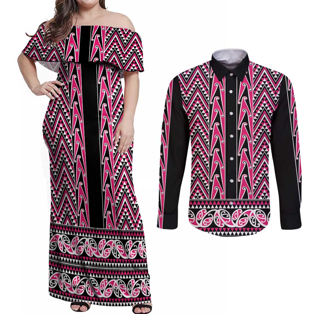 New Zealand Maori Niho Taniwha Couples Matching Off Shoulder Maxi Dress and Long Sleeve Button Shirt Mawhero Mangopare and Puhoro Pattern LT9 Pink - Polynesian Pride