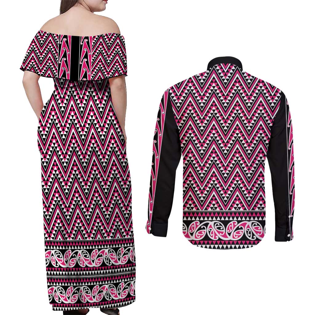 New Zealand Maori Niho Taniwha Couples Matching Off Shoulder Maxi Dress and Long Sleeve Button Shirt Mawhero Mangopare and Puhoro Pattern LT9 - Polynesian Pride