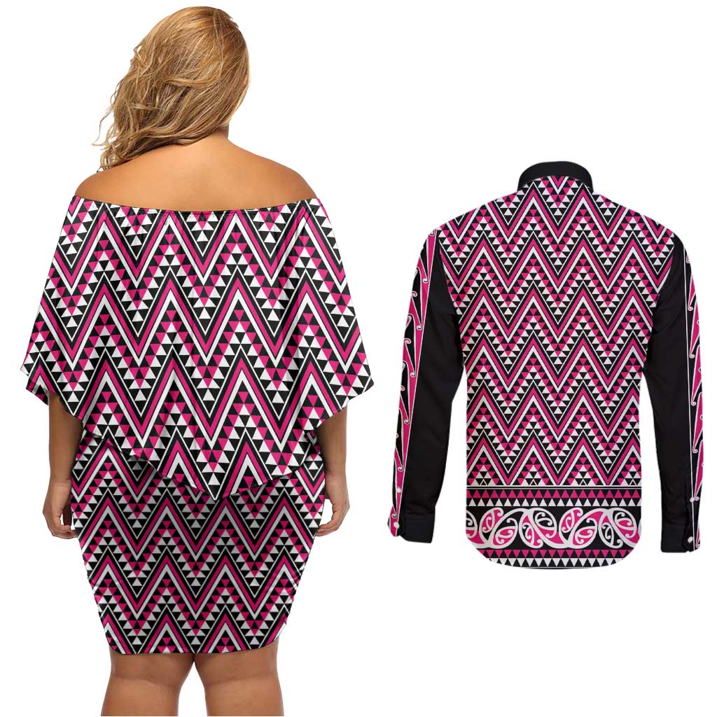 New Zealand Maori Niho Taniwha Couples Matching Off Shoulder Short Dress and Long Sleeve Button Shirt Mawhero Mangopare and Puhoro Pattern LT9 - Polynesian Pride