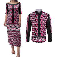New Zealand Maori Niho Taniwha Couples Matching Puletasi and Long Sleeve Button Shirt Mawhero Mangopare and Puhoro Pattern LT9 Pink - Polynesian Pride