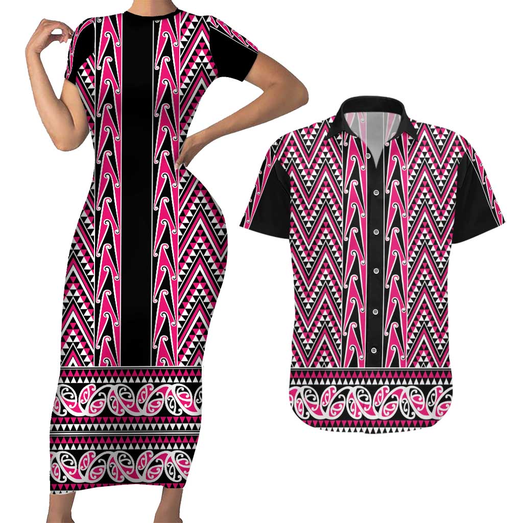 New Zealand Maori Niho Taniwha Couples Matching Short Sleeve Bodycon Dress and Hawaiian Shirt Mawhero Mangopare and Puhoro Pattern LT9 Pink - Polynesian Pride