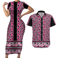 New Zealand Maori Niho Taniwha Couples Matching Short Sleeve Bodycon Dress and Hawaiian Shirt Mawhero Mangopare and Puhoro Pattern LT9 Pink - Polynesian Pride
