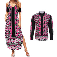 New Zealand Maori Niho Taniwha Couples Matching Summer Maxi Dress and Long Sleeve Button Shirt Mawhero Mangopare and Puhoro Pattern LT9 Pink - Polynesian Pride