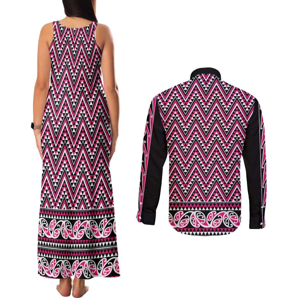New Zealand Maori Niho Taniwha Couples Matching Tank Maxi Dress and Long Sleeve Button Shirt Mawhero Mangopare and Puhoro Pattern LT9 - Polynesian Pride