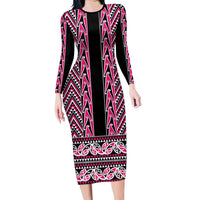 New Zealand Maori Niho Taniwha Family Matching Long Sleeve Bodycon Dress and Hawaiian Shirt Mawhero Mangopare and Puhoro Pattern LT9 Mom's Dress Pink - Polynesian Pride