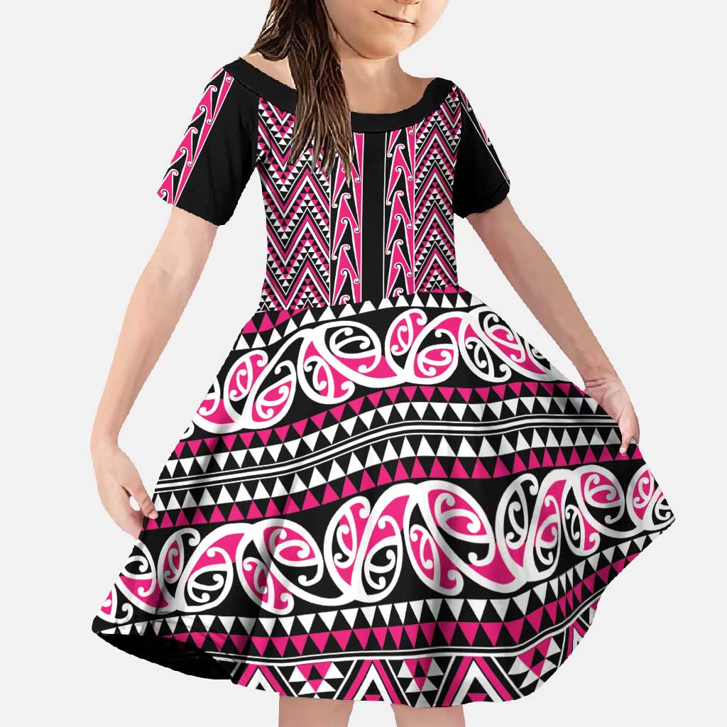 New Zealand Maori Niho Taniwha Family Matching Mermaid Dress and Hawaiian Shirt Mawhero Mangopare and Puhoro Pattern LT9 Daughter's Dress Pink - Polynesian Pride