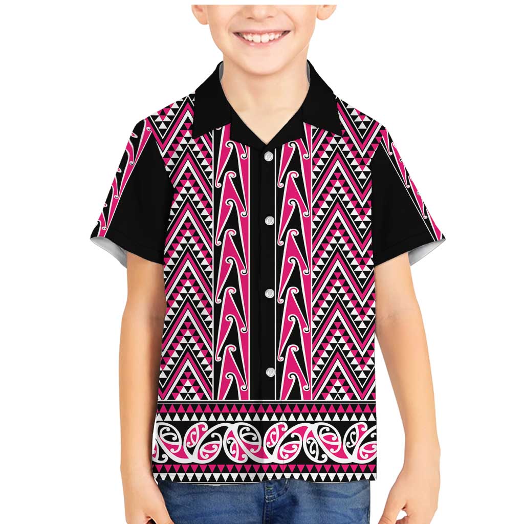 New Zealand Maori Niho Taniwha Family Matching Mermaid Dress and Hawaiian Shirt Mawhero Mangopare and Puhoro Pattern LT9 Son's Shirt Pink - Polynesian Pride