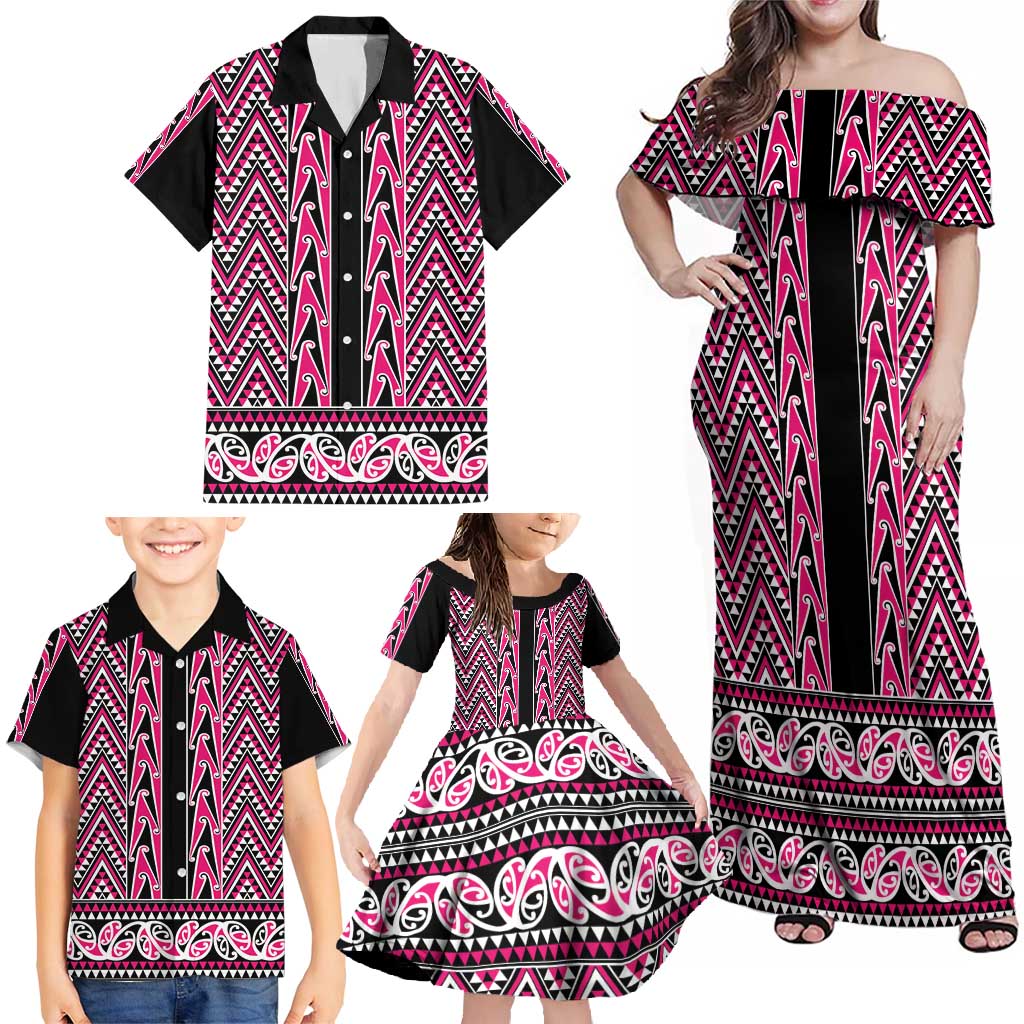 New Zealand Maori Niho Taniwha Family Matching Off Shoulder Maxi Dress and Hawaiian Shirt Mawhero Mangopare and Puhoro Pattern