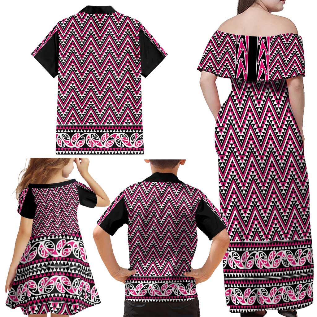 New Zealand Maori Niho Taniwha Family Matching Off Shoulder Maxi Dress and Hawaiian Shirt Mawhero Mangopare and Puhoro Pattern