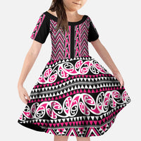 New Zealand Maori Niho Taniwha Family Matching Puletasi and Hawaiian Shirt Mawhero Mangopare and Puhoro Pattern LT9 Daughter's Dress Pink - Polynesian Pride