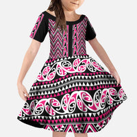 New Zealand Maori Niho Taniwha Family Matching Summer Maxi Dress and Hawaiian Shirt Mawhero Mangopare and Puhoro Pattern LT9 Daughter's Dress Pink - Polynesian Pride