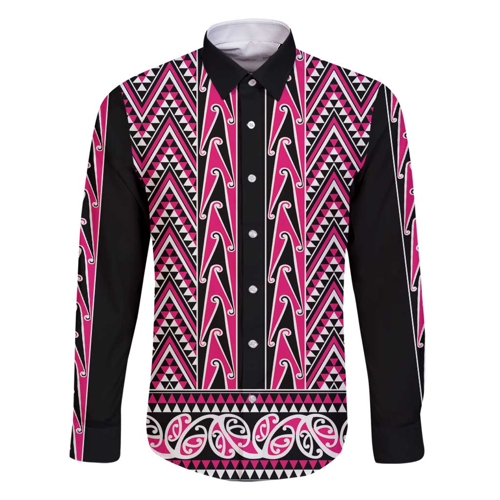 New Zealand Maori Niho Taniwha Family Matching Summer Maxi Dress and Hawaiian Shirt Mawhero Mangopare and Puhoro Pattern LT9 Dad's Shirt - Long Sleeve Pink - Polynesian Pride