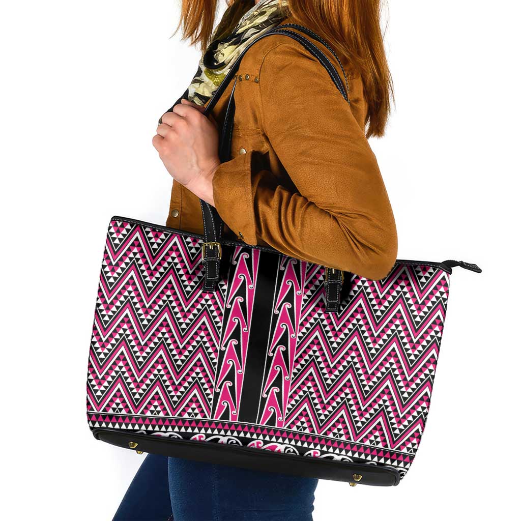 New Zealand Maori Niho Taniwha Leather Tote Bag Mawhero Mangopare and Puhoro Pattern LT9 Pink - Polynesian Pride
