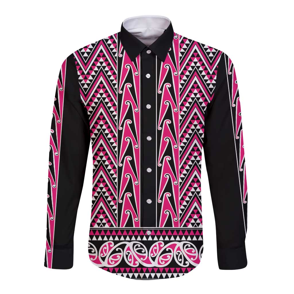 New Zealand Maori Niho Taniwha Long Sleeve Button Shirt Mawhero Mangopare and Puhoro Pattern LT9 Unisex Pink - Polynesian Pride