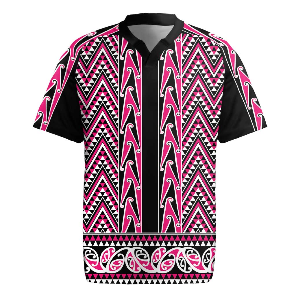 New Zealand Maori Niho Taniwha Rugby Jersey Mawhero Mangopare and Puhoro Pattern LT9 Pink - Polynesian Pride