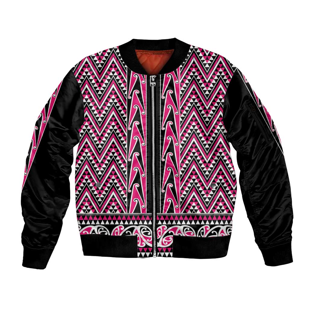 New Zealand Maori Niho Taniwha Sleeve Zip Bomber Jacket Mawhero Mangopare and Puhoro Pattern LT9 Unisex Pink - Polynesian Pride