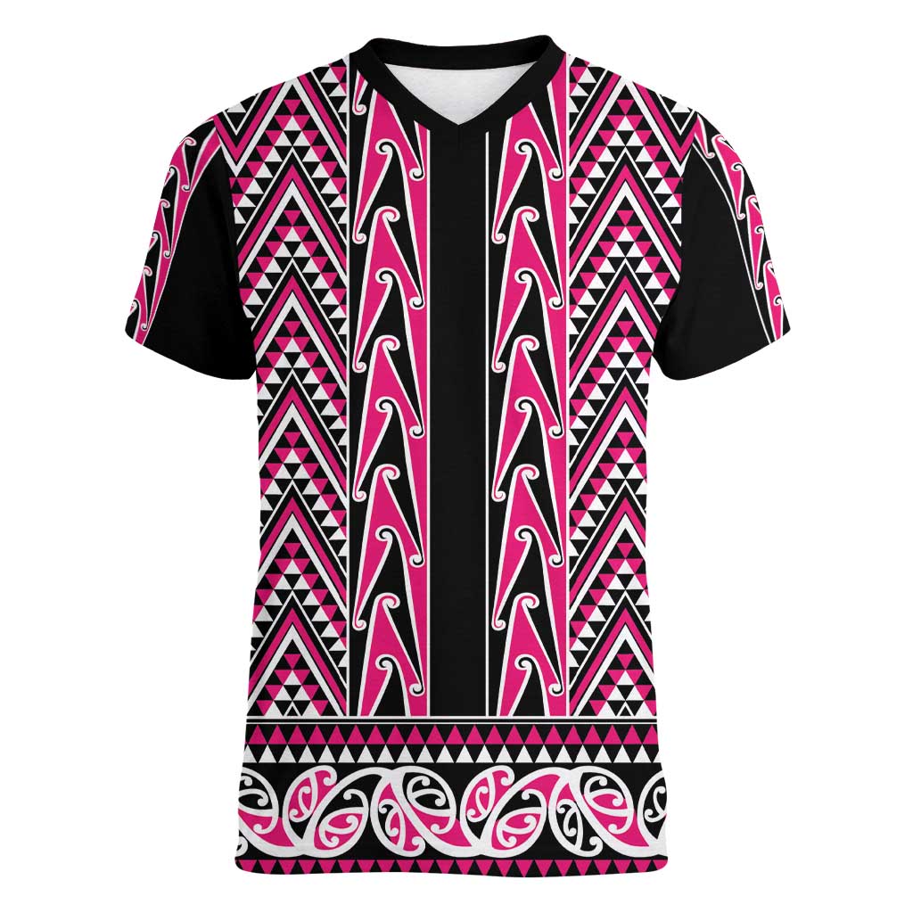 New Zealand Maori Niho Taniwha Women V-Neck T-Shirt Mawhero Mangopare and Puhoro Pattern LT9 Female Pink - Polynesian Pride