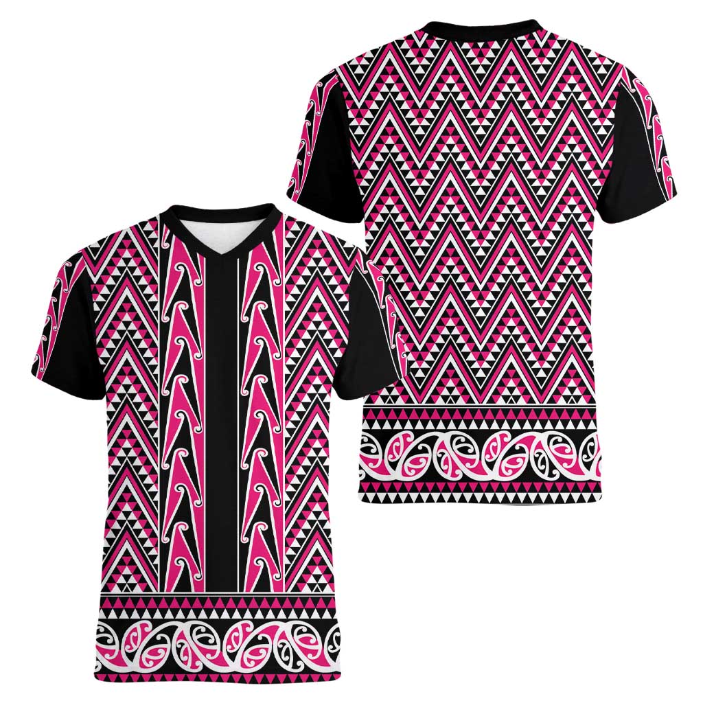New Zealand Maori Niho Taniwha Women V-Neck T-Shirt Mawhero Mangopare and Puhoro Pattern LT9 - Polynesian Pride