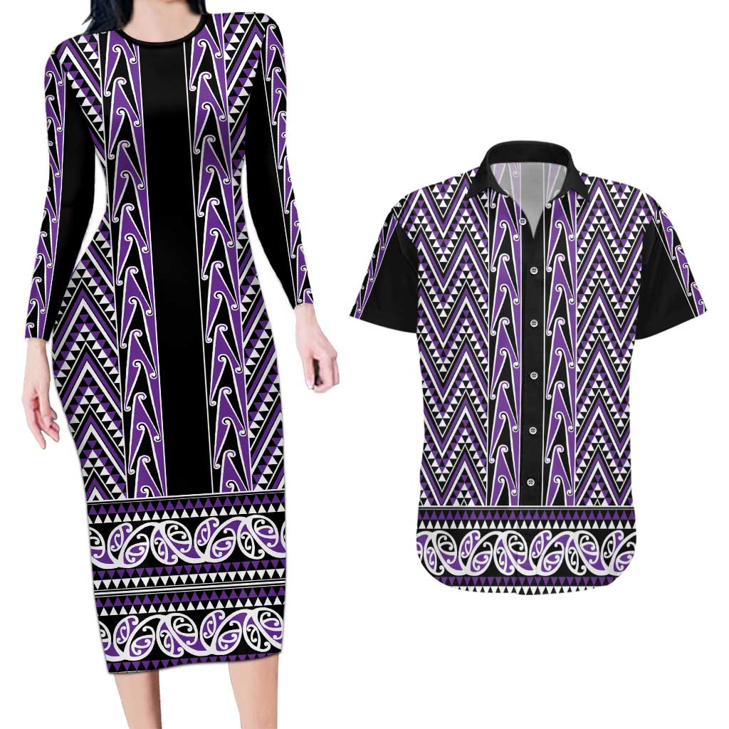 New Zealand Maori Niho Taniwha Couples Matching Long Sleeve Bodycon Dress and Hawaiian Shirt Waiporopo Mangopare and Puhoro Pattern LT9 Purple - Polynesian Pride