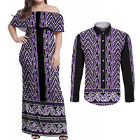 New Zealand Maori Niho Taniwha Couples Matching Off Shoulder Maxi Dress and Long Sleeve Button Shirt Waiporopo Mangopare and Puhoro Pattern LT9 Purple - Polynesian Pride