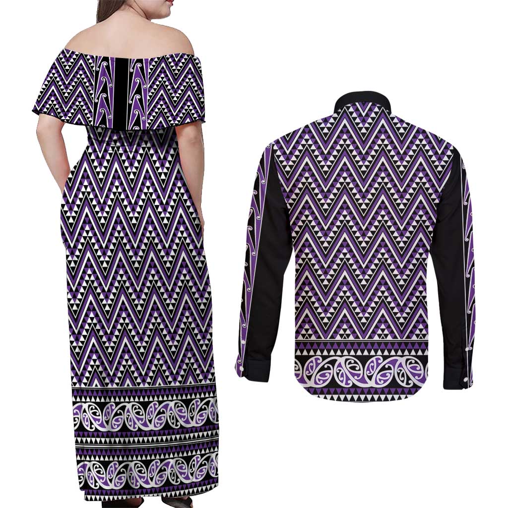 New Zealand Maori Niho Taniwha Couples Matching Off Shoulder Maxi Dress and Long Sleeve Button Shirt Waiporopo Mangopare and Puhoro Pattern LT9 - Polynesian Pride