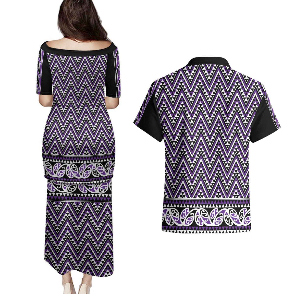 New Zealand Maori Niho Taniwha Couples Matching Puletasi and Hawaiian Shirt Waiporopo Mangopare and Puhoro Pattern