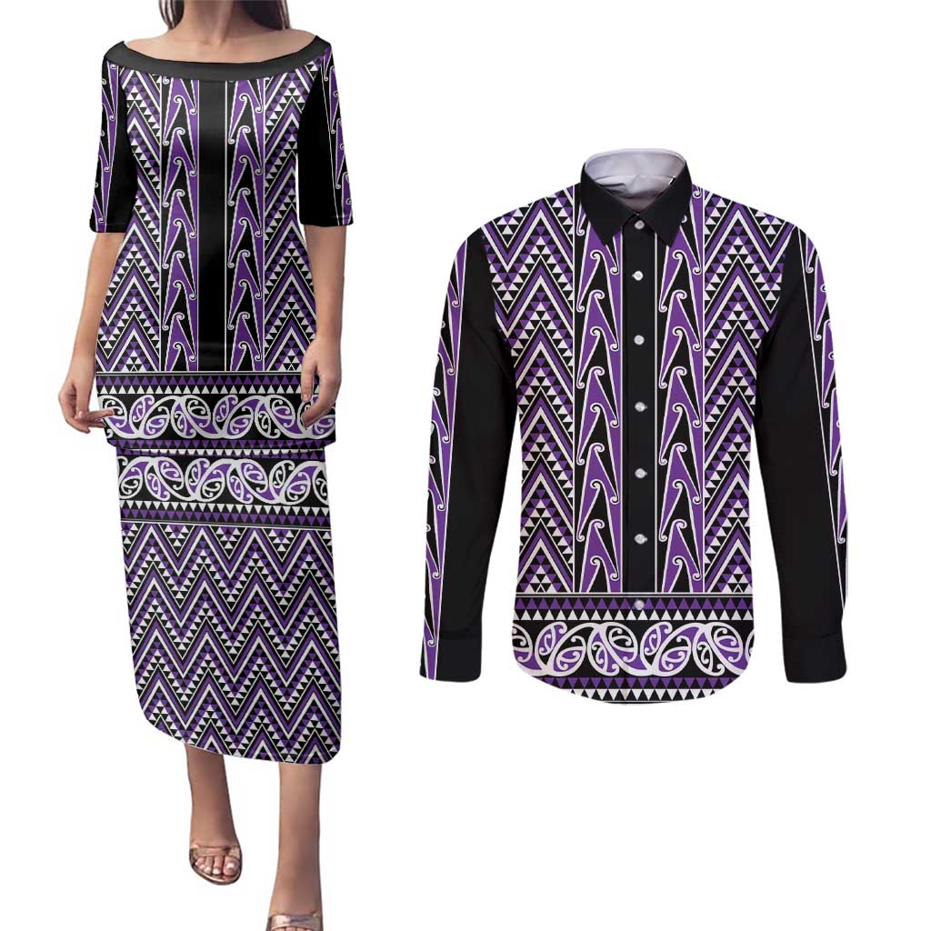 New Zealand Maori Niho Taniwha Couples Matching Puletasi and Long Sleeve Button Shirt Waiporopo Mangopare and Puhoro Pattern LT9 Purple - Polynesian Pride