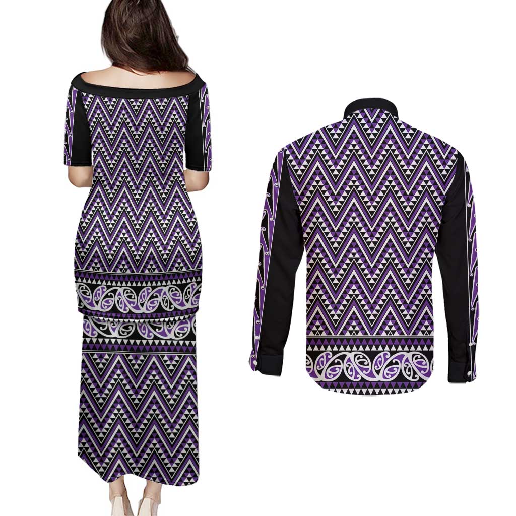 New Zealand Maori Niho Taniwha Couples Matching Puletasi and Long Sleeve Button Shirt Waiporopo Mangopare and Puhoro Pattern LT9 - Polynesian Pride