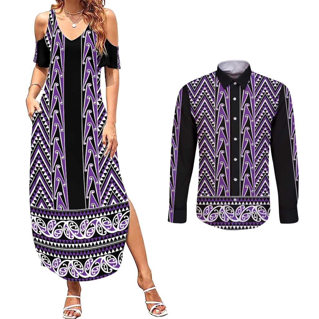 New Zealand Maori Niho Taniwha Couples Matching Summer Maxi Dress and Long Sleeve Button Shirt Waiporopo Mangopare and Puhoro Pattern LT9 Purple - Polynesian Pride