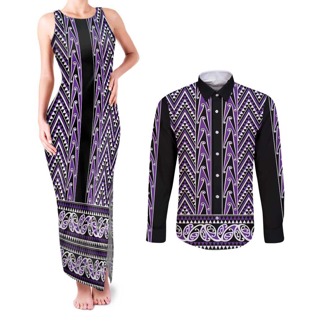New Zealand Maori Niho Taniwha Couples Matching Tank Maxi Dress and Long Sleeve Button Shirt Waiporopo Mangopare and Puhoro Pattern