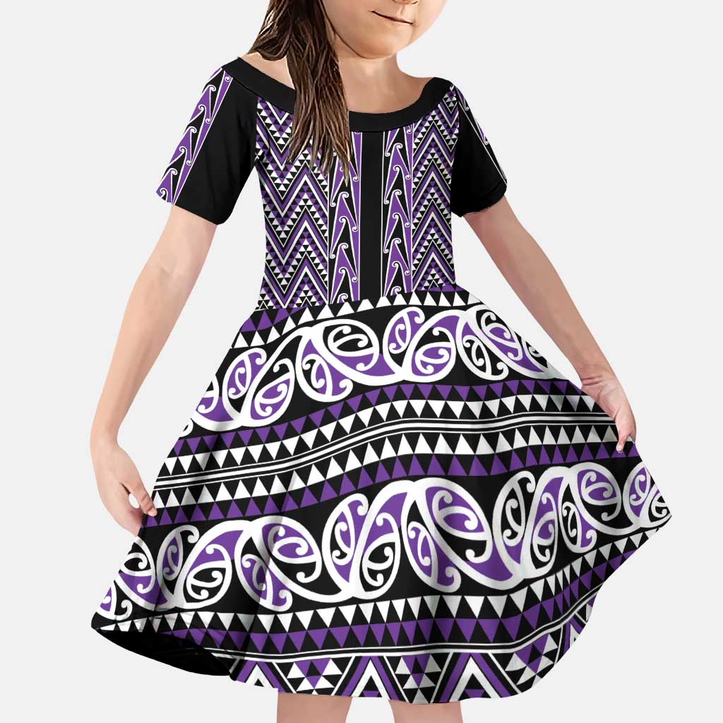 New Zealand Maori Niho Taniwha Family Matching Puletasi and Hawaiian Shirt Waiporopo Mangopare and Puhoro Pattern LT9 Daughter's Dress Purple - Polynesian Pride