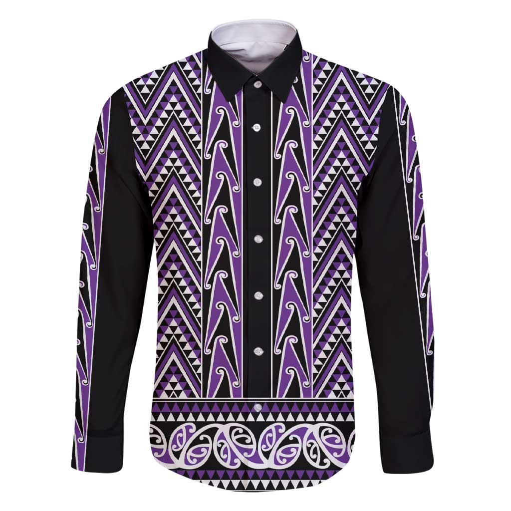 New Zealand Maori Niho Taniwha Family Matching Short Sleeve Bodycon Dress and Hawaiian Shirt Waiporopo Mangopare and Puhoro Pattern LT9 Dad's Shirt - Long Sleeve Purple - Polynesian Pride