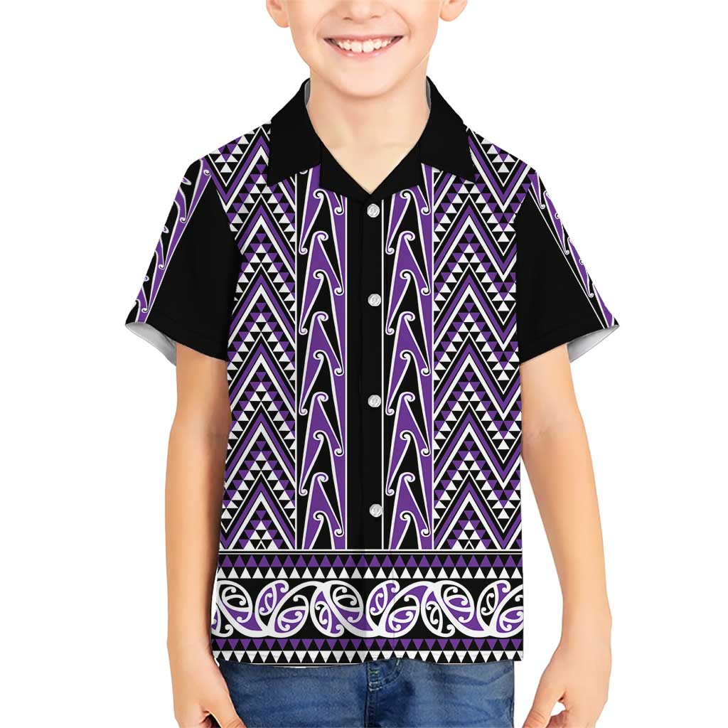 New Zealand Maori Niho Taniwha Family Matching Short Sleeve Bodycon Dress and Hawaiian Shirt Waiporopo Mangopare and Puhoro Pattern LT9 Son's Shirt Purple - Polynesian Pride