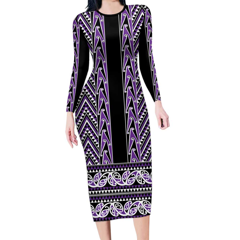 New Zealand Maori Niho Taniwha Long Sleeve Bodycon Dress Waiporopo Mangopare and Puhoro Pattern